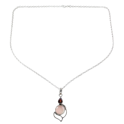Garnet and chalcedony pendant necklace, 'Pink Crest' - Garnet Chalcedony Sterling Silver Pendant Necklace India