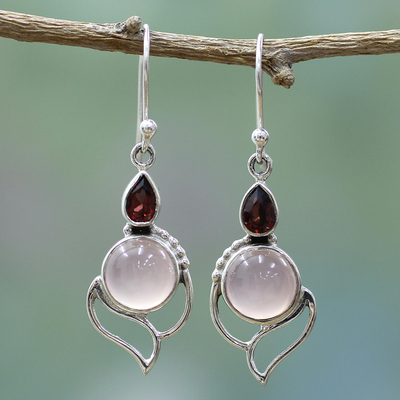 Garnet and chalcedony dangle earrings, 'Pink Crest' - Garnet and Chalcedony Dangle Earrings from India