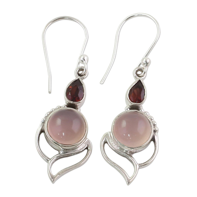 Garnet and chalcedony dangle earrings, 'Pink Crest' - Garnet and Chalcedony Dangle Earrings from India
