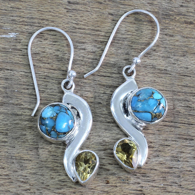Citrine dangle earrings, 'Sparkling Planet' - Citrine Composite Turquoise Dangle Earrings from India
