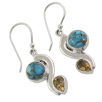 Citrine dangle earrings, 'Sparkling Planet' - Citrine Composite Turquoise Dangle Earrings from India