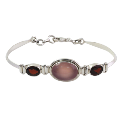 Garnet and chalcedony pendant bracelet, 'Shining Red' - Sterling Silver Garnet and Chalcedony Pendant Bracelet