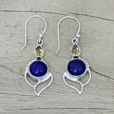 Citrine and lapis lazuli dangle earrings, 'Starry Crest' - Citrine and Lapis Lazuli Dangle Earrings from India