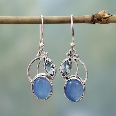 Blue topaz and chalcedony dangle earrings, Blue Fog