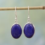 Lapis lazuli dangle earrings, 'Oval Seas' - Sterling Silver Lapis Lazuli Dangle Earrings from India