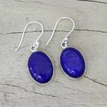 Lapis lazuli dangle earrings, 'Oval Seas' - Sterling Silver Lapis Lazuli Dangle Earrings from India