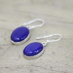 Lapis lazuli dangle earrings, 'Oval Seas' - Sterling Silver Lapis Lazuli Dangle Earrings from India