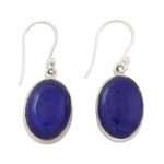Lapis lazuli dangle earrings, 'Oval Seas' - Sterling Silver Lapis Lazuli Dangle Earrings from India
