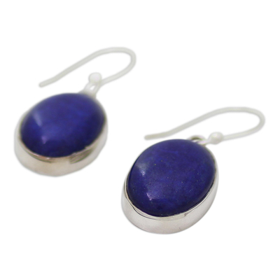 Lapis lazuli dangle earrings, 'Oval Seas' - Sterling Silver Lapis Lazuli Dangle Earrings from India