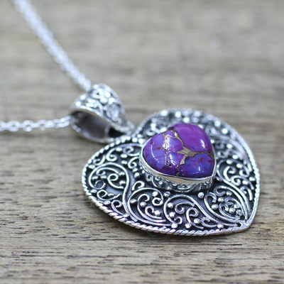 Sterling silver pendant necklace, 'Purple Heart Attunement' - Silver Purple Composite Turquoise Pendant Necklace