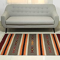 Wool area rug, 'Majestic Stripes' (4x6) - Indian Striped Wool Area Rug in Claret and Dark Taupe (4x6)