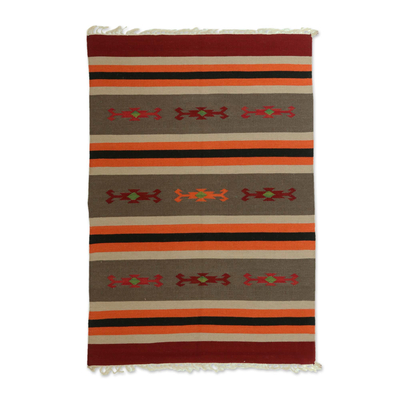 Wool area rug, 'Majestic Stripes' (4x6) - Indian Striped Wool Area Rug in Claret and Dark Taupe (4x6)