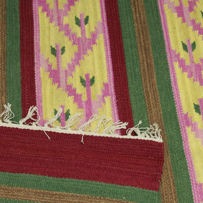 Wool area rug, 'Carnation Buds' (4x6) - Striped Wool Area Rug with Vine Motifs (4x6) from India