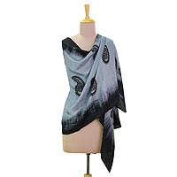 Silk shawl, 'Paisley Fascination in Smoke' - Hand Woven Silk Shawl Black Smoke Paisley from India