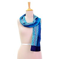 Silk scarf, 'Midnight Muse in Royal Blue' - Hand Woven Silk Scarf Caribbean Blue and Eggshell from India
