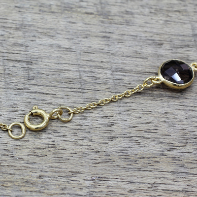 Gold plated smoky quartz and onyx station necklace, 'Fair Springtime' - Gold Plated Smoky Quartz Onyx Station Necklace from India