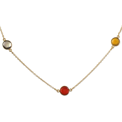 Gold plated smoky quartz and onyx station necklace, 'Fair Springtime' - Gold Plated Smoky Quartz Onyx Station Necklace from India