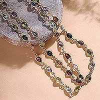 Gold plated multi-gemstone link necklace, 'Gemstone Romance' - Hand Crafted Gold Plated Multigem Link Necklace from India