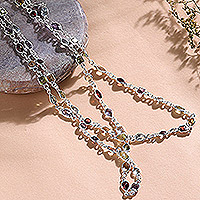 Multi-gemstone long station necklace, 'Delightful Colors' - Multi-Gem Station Necklace Garnet Amethyst Citrine