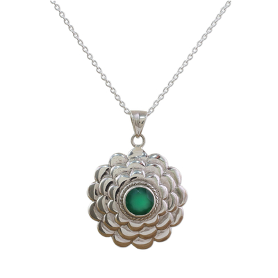 Onyx pendant necklace, 'Forest Bloom' - Sterling Silver Onyx Floral Pendant Necklace from India