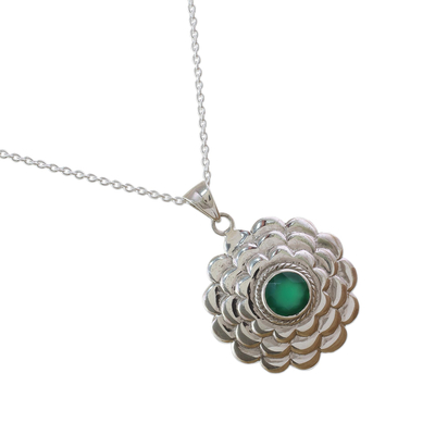 Onyx pendant necklace, 'Forest Bloom' - Sterling Silver Onyx Floral Pendant Necklace from India
