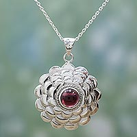 Garnet pendant necklace, 'Cherry Bloom' - Garnet Sterling Silver Floral Pendant Necklace from India