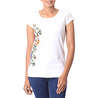 Cotton blend Madhubani t-shirt, 'Tropical Bloom' - White Cotton Blend T-Shirt with Madhubani Painting