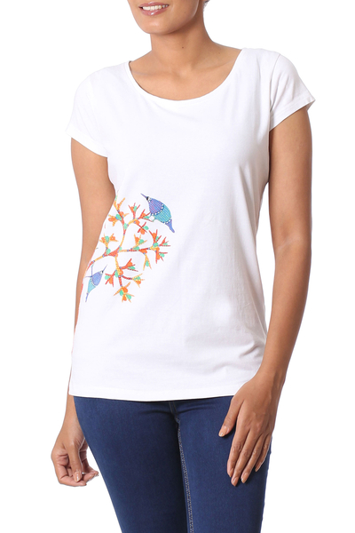 White Cotton Blend T-Shirt with Madhubani Painting