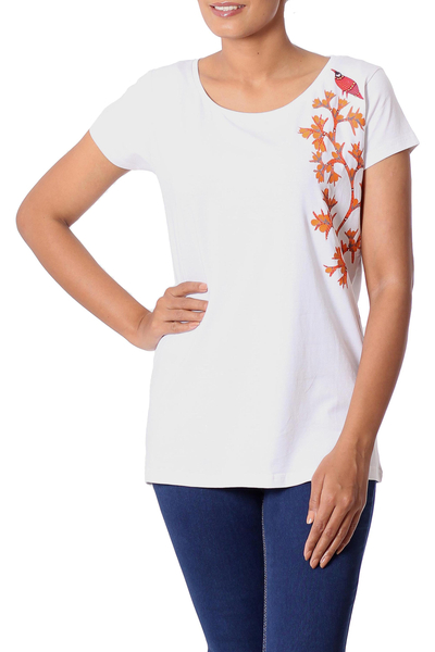 White Cotton Blend T-Shirt with Madhubani Painting