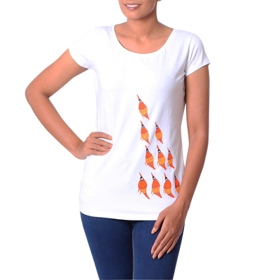 White Cotton Blend T-Shirt with Madhubani Bird Design