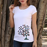 Hand Painted Madhubani Cotton Blend T-Shirt from India,'Blossoming Beauty'