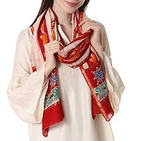 Batik cotton-blend shawl, 'Volcanic Fire' - Artisan Designed Batik Dyed Cotton and Silk Shawl