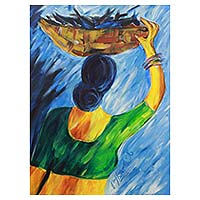 'The Fishmonger' - Signed Painting of Indian Woman Selling Fish