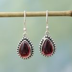 Garnet dangle earrings, 'Radiant Dewdrops' - Sterling Silver and Garnet Drop Shape Dangle Earrings