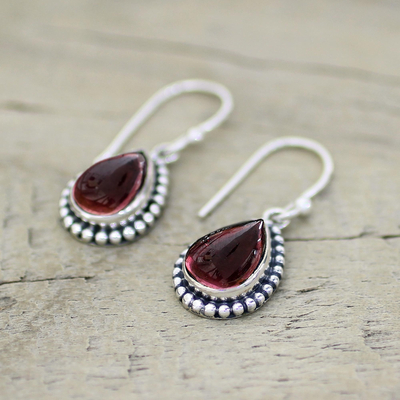 Garnet dangle earrings, 'Radiant Dewdrops' - Sterling Silver and Garnet Drop Shape Dangle Earrings