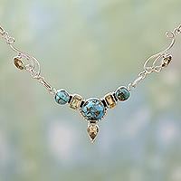 Citrine pendant necklace, 'Seashore Radiance' - Hand Made Citrine Turquoise Pendant Necklace