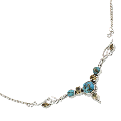 Citrine pendant necklace, 'Seashore Radiance' - Hand Made Citrine Turquoise Pendant Necklace