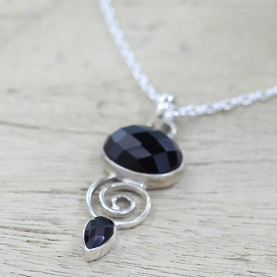 Onyx pendant necklace, 'Romantic Journey' - Hand Made Onyx and Sterling Silver Pendant Necklace