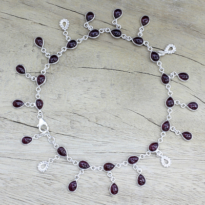 Garnet charm anklet, 'Starry Allure in Red' - Hand Made Garnet Sterling Silver Charm Anklet India