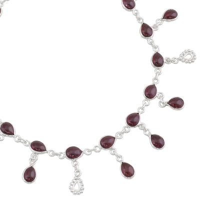 Garnet charm anklet, 'Starry Allure in Red' - Hand Made Garnet Sterling Silver Charm Anklet India