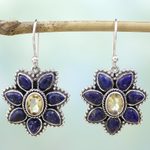 Citrine and lapis lazuli dangle earrings, 'Geranium Blossoms' - Lapis Lazuli Citrine Floral Dangle Earrings from India