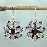 Garnet and rainbow moonstone dangle earrings, 'Camellia Blossoms' - Rainbow Moonstone Garnet Dangle Earrings from India