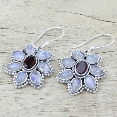 Garnet and rainbow moonstone dangle earrings, 'Camellia Blossoms' - Rainbow Moonstone Garnet Dangle Earrings from India