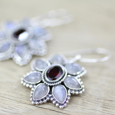 Garnet and rainbow moonstone dangle earrings, 'Camellia Blossoms' - Rainbow Moonstone Garnet Dangle Earrings from India
