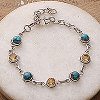 Citrine link bracelet, 'Seashore Radiance' - Citrine and Composite Turquoise Link Bracelet from India