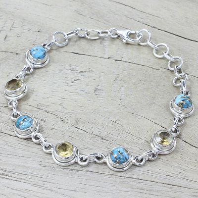 Citrine link bracelet, 'Seashore Radiance' - Citrine and Composite Turquoise Link Bracelet from India