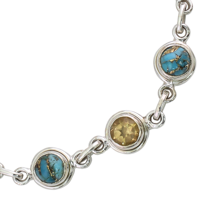 Citrine link bracelet, 'Seashore Radiance' - Citrine and Composite Turquoise Link Bracelet from India