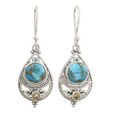 Citrine Composite Turquoise Dangle Earrings from India