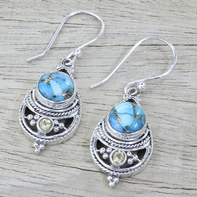 Citrine dangle earrings, 'Azure Heaven' - Citrine Composite Turquoise Dangle Earrings from India