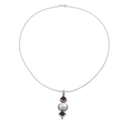 Garnet and cultured pearl pendant necklace, 'Red Guardians' - Garnet and Cultured Pearl Pendant Necklace from India